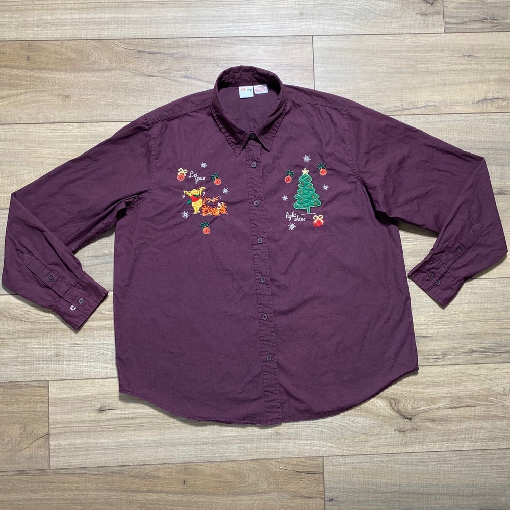 DISNEY Womens Winnie the Pooh Christmas Let Your Light Shine Button Up XL Plum‎